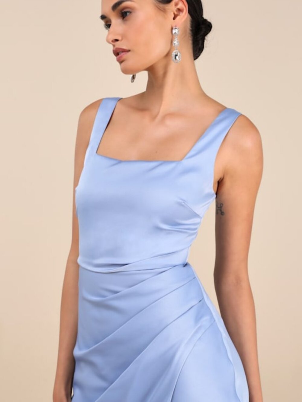 Lulus Red Carpet Romance Light Blue Satin Square Neck Maxi Dress - Size M
